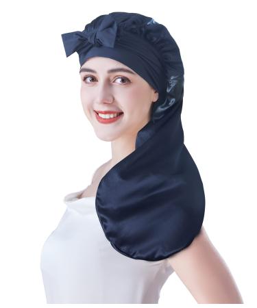 Cocheng Mulberry Silk Bonnet for sleeping long Silk Bonnet for Curly Hair Braids Bonnet for Women Silk Bonnet with Tie Band Navy blue