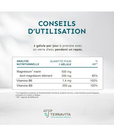 MARINE MAGNESIUM + Vit B6 B9 | 300mg of Magnesium Element per Capsule | 100 Days of Cure | Fights Stress and Fatigue | Improves Sleep | 100 Organic Capsules Made in France | Terravita - Buy Online on GoSupps.com