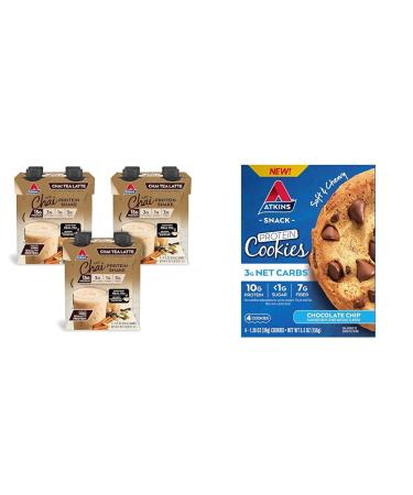Atkins Chai Tea Latte Protein Shake with 15g Protein 3g Net Carbs 1g Sugar and Atkins Chocolate Chip Protein Cookie with 10g Protein 3g Net Carbs 1g Sugar Keto Friendly 4 Count