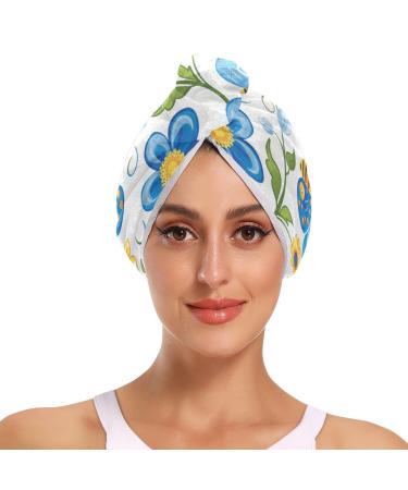 Cartoon Blue Butterfly Flowers Hair Towel 2 Pack Super Absorbent Hair Drying Towel Quick Dry Hair Turbans Head Towel with Button Twisty Wrap for Women Girls