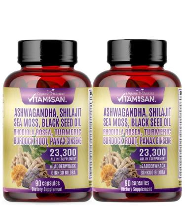 Shilajit Sea Moss Complex Herbal Dietary Supplement (2-Pack) 180 Capsules with Turmeric Ginseng & Black Seed Oil