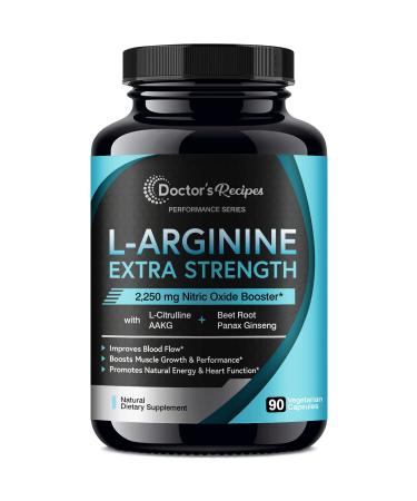 Doctor’s Recipes L-Arginine for Men & Women 90 Caps, AAKG, L-Citrulline, Beet Root & Panax Ginseng, 2250 mg High Dose NO Booster for Muscle, Vascularity, Performance, Energy & Heart Health, Non-GMO