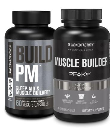 Jacked Factory Build PM Night Time Muscle Builder & Sleep Aid (60 Capsules) & Essentials Muscle Builder - Daily Strength Builder for Men with Peak ATP (30 Capsules)
