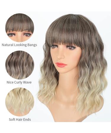 Gradient Blonde AISI HAIR Synthetic Wavy Curly Bob Wig with Bangs - Shoulder Length Ombre Wig for Women - Buy Online on GoSupps.com