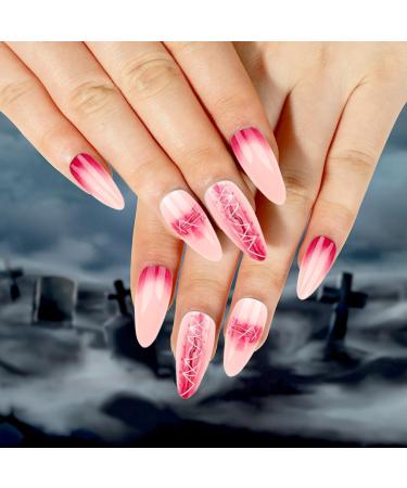 DeryArcle 24 Nails Press On Nails Halloween Long False Nail Almond Shape Fake Nails Bling Glossy Stick On Nails Pink 3D Artificial Nails Glitter for Women and Girls - Buy Online on GoSupps.com