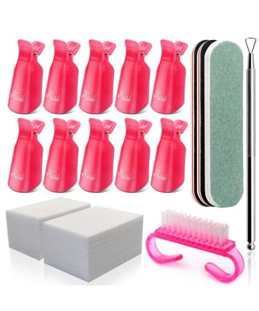 Gel Polish Remover Kit  10 Pieces Nail Polish Remover Clips for Polygel or Dip Nail with Lint Free Nail Wipes  Nail Files and Buffer Block  Stainless Steel Cuticle Pusher  Nail Brush for Cleaning