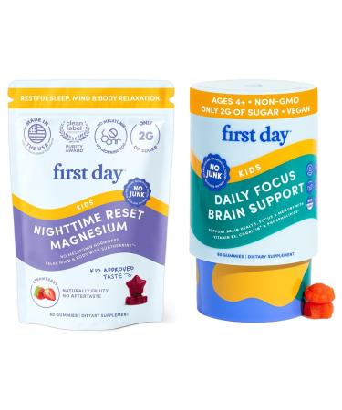 FIRST DAY Kids Calming Gummies (Strawberry) & Brain Focus Gummies (Peach) for Rest & Attention | Mood & Energy | No Melatonin | Stimulant-Free | Clean Label Project Verified | Vegan | 30-Day Supply