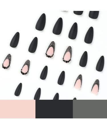 24 Pcs Black Tip Almond French Press-on Nails - Medium Length Glossy Full Cover False Nails for Women and Girls - Buy Online on GoSupps.com
