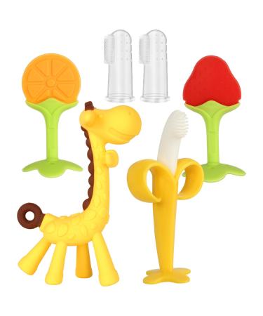 Fu Store Baby Teething Toys (6 Pack) for Newborn Freezer Safe BPA Free Infant and Toddler Silicone Banana Toothbrushes Fruit Giraffe Teethers Soothe Babies Gums Set with Storage Case