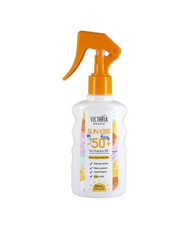 Victoria Beauty Sun Kiss SPF 50+ Sunscreen for Kids - Water-Resistant Dermatologically-Tested Spray-On Kids Sensitive Sun Cream SPF 50+ Very High Broad-Spectrum UVA & UVB Sun Protection 200ml