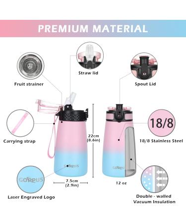 GOPLUS Kids Insulated Water Bottle 12 oz | BPA-Free Stainless Steel Cup with Leakproof Lid & Straw | Ideal for Toddler Girls & Boys | Includes 10 Stickers | Pink/Blue - Buy Online on GoSupps.com