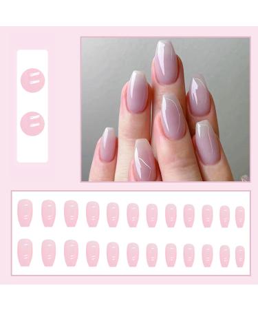 24Pcs Pink Ballerina False Nails Set | Short Square French Tips | Glossy Press On Nails with Adhesive Tabs | Reusable Stick On Nails for Women & Girls - Buy Online on GoSupps.com