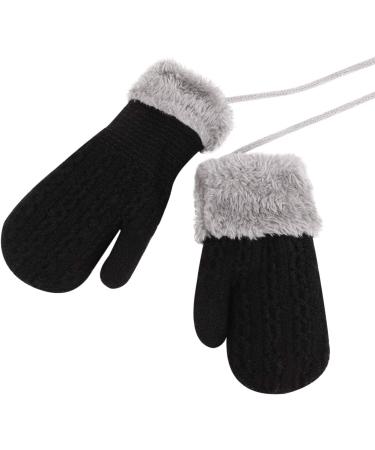 Cute Winter Thicken Knitted Toddler Mittens with Fleece Lining - Anti-Lost String, Ages 0-4 - Black - Buy Online on GoSupps.com
