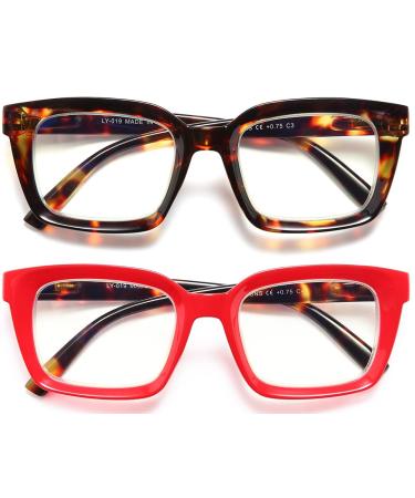 2 Pairs Oversized Retro Reading Glasses for Women with Spring Hinge Large Blue Light Blocking Readers Square Reading Glasses for Women Men 2.25 Leopard&red 2.25 x