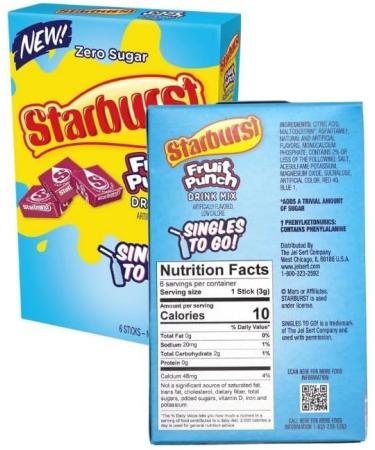 Star-burst Drink Mix Lemon Blue Raspberry and Fruit Punch Singles to go Zero Sugar Juice Drink Mix Low Calorie Drinks 3 Boxes with 6 Packets Each (Pack of 3) - Buy Online on GoSupps.com