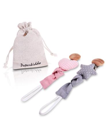 Paperkiddo 2pcs pacifier chain pacifier band girl and boy from Bauhmwoll-Musselin with nickel-free metal clips 22cm for bib triangular sucker scnuller (Love + stars)