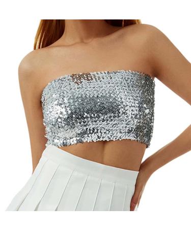 Nicute Women's Sequin Strapless Bra Top Sequins Elastic Tube Top Festival Outfits for Women and Girls Silver