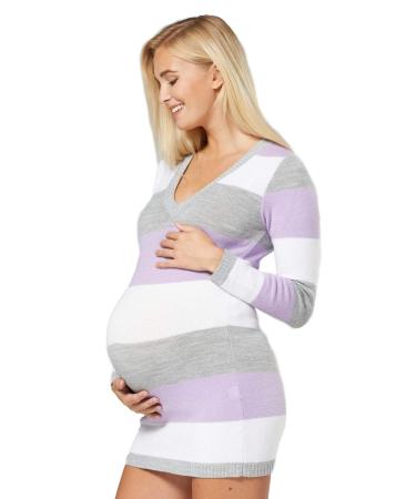 Zeta Ville Women's - Maternity Stripes Knit Jumper Dress Tunic Top V-Neck - 405c 8-10 Lavender