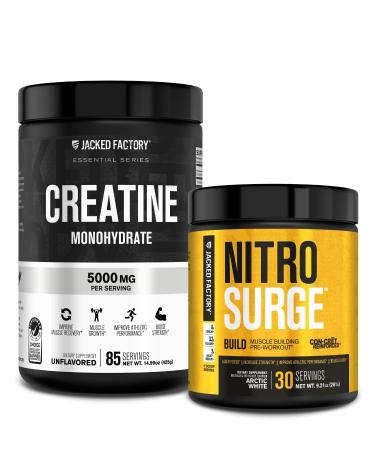 Jacked Factory Nitrosurge Build Pre Workout with Creatine for Muscle Building (30 Servings Arctic White) & Creatine Monohydrate Powder for Muscle Growth & Increased Strength (85 Servings Unflavored)