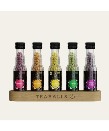Teaballs tea set rainbow with raspberry orange wild berry lemon mint + free wooden display instant results 150-375 cups of hot fruit tea or cold iced tea without sugar instant powder rainbow 150-375 cups