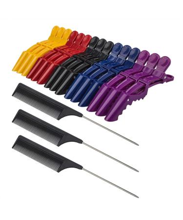 15 Pack Plastic Alligator Hair Clips for Women and Girls DanziX Professional Sectioning Clips with Wide Teeth Non Slip Grip and 3 Pack Black Tail Combs for Separating Hair Salon Care Styling Tools 5Color*3PCS