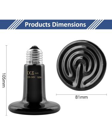 Caldarax 2 Pack 150W Terrarium Reptile Heat Bulb E27 Infrared Ceramic Heating Lamps AC 220-240V Ceramic Heat Emitter for Reptiles Lizards Tortoise Snakes Chicken - Buy Online on GoSupps.com