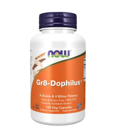 Now foods GR8-Dophilus good bacterial cultures lactobacillus and bifidobacterium 120 vegan capsules laboratory tests gluten-free without genetic engineering vegetarian