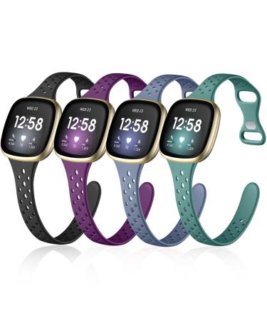 Laffav Bands Compatible with Fitbit Versa 3 bands Fitbit Sense bands Men Women, Slim Soft Silicone Sport Strap Replacement Wristband for Versa 3 Sense band(Small, Black/Pine Green/Purple/Blue Gray) Black/Pine Green/Purple/…
