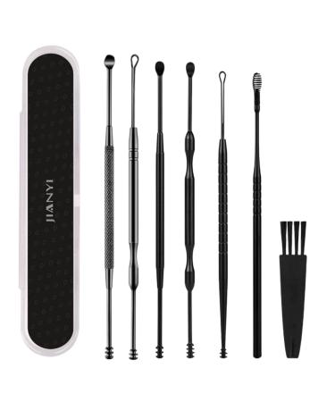 JIANYI Ear Pick Earwax Removal Kit Ear Cleansing Tool Set 6 PCS Ear Curette Ear Wax Removal Tool Clear with a Storage Box and Cleaning Brush (Black) Black Medium