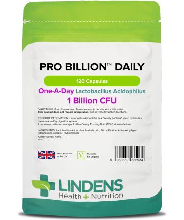 Lindens Pro Billion Daily - Acidophilus Lactobacillus - 120 Capsules - 1 Billion CFU Friendly Bacteria - Supports Digestive Health - UK Made - Vegan Friendly - GMP & Letterbox Friendly