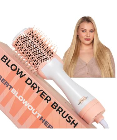 INH Blowout Brush Hair Dryer | Ceramic Titanium Hair Straightener and Curler 2 in 1 | Heated Round Brush Styler & Volumizer w/ 3 Heat Speed Settings for Fast Drying & Professional Salon Styling Pink