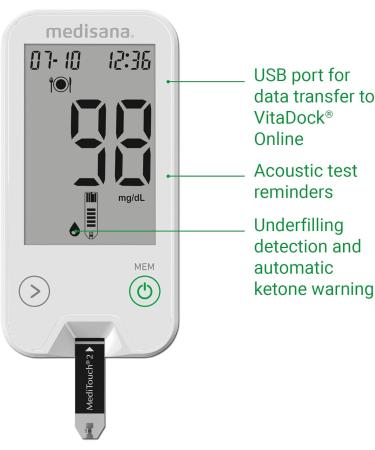 Medisana Meditouch 2 mg/DL Blood Sugar Measuring Device - Complete Starter Set with Test Strips & Lancets for Diabetics | Quick Blood Sugar Control - Buy Online on GoSupps.com