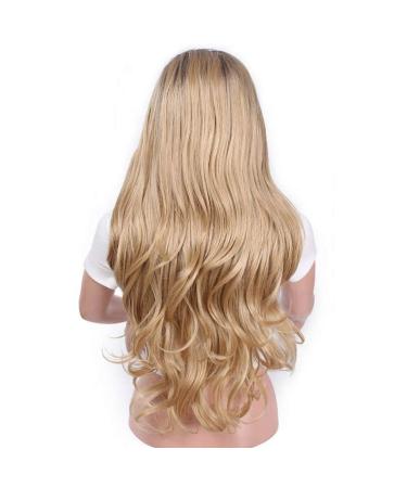 HBINGBING 13x4 Long Wavy Lace Front Wig Pink Synthetic Ombre Blonde Lace Wigs for Women Black Hair Heat Resistant Fiber J-Brown