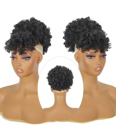 Short Kinky Curly Afro Puff Drawstring Ponytail with Bangs - 1B | Black Women's Pineapple Updo Hair - Buy Online on GoSupps.com