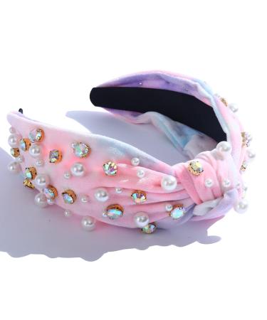Knotted Headbands for Women Pearl Rhinestone Crystal Embellished Pink Green Velvet Fashion Elegant Ladies Hair Accessories pink and green