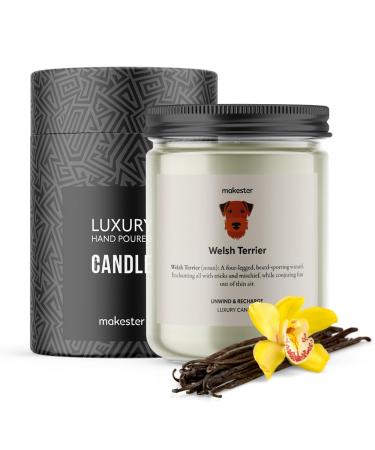 Welsh Terrier Candle - 220g Soy Wax with Madagascan Vanilla Jasmine & Sugared Almond - Welsh Terrier Gift - Dog Lover Candles by Makester