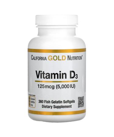 California Gold Nutrition Vitamin D3 5 000IU Cholecalciferol from Lanolin 125 mcg 360 Fish Gelatin Softgels 360 Count (Pack of 1)