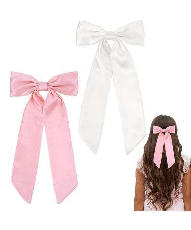 Pink Hair Bow White Bow Hair Clip Hair Bows Bow Clip Long Tail Hair Clips Ponytail Clips Retro 90s Headwear Party Wedding Hair Accessories for Women Girls (Pink + White)
