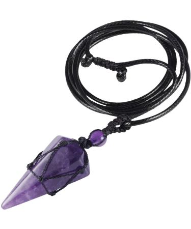 Kyeygwo Six -Seckiger Kristal Pendant Necklace with adjustable leather rope polished quartz pointed stone healing Reiki pendulum chain purple
