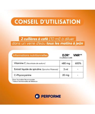 Performe - Vitamin C + Blue Liquid Spirulina High Assimilation Liquid Formula Cure 20 days 480 mg/day Boosts energy Highly concentrated in Phycocyanin Made in France 200 ml - Buy Online on GoSupps.com