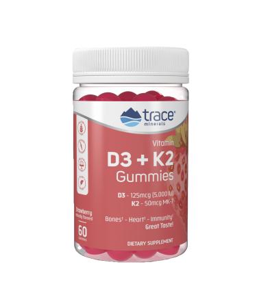 Trace Minerals | Vitamin D3 + K2 Gummies | 5 000 IU D3 + 50 mcg K2 | Maintain a Healthy Heart Bones and Immunity | Vegan Sugar Free Gluten Free Natural Strawberry Flavor | 60 Servings