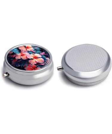 Round Pill Box with Tropical Flowers - 3 Compartment Decorative Metal Portable Organizer for Travel - Buy Online on GoSupps.com