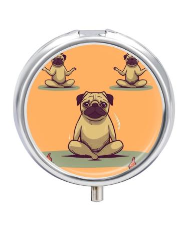 Round Pill Box Yoga Pug Print 3 Compartment Medicine Pill Case Print Pill Organizer Decorative Metal Portable Pill Box Pocket Pill Box
