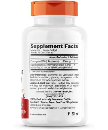 Doctor's Best High Absorption CoQ10 200 mg with BioPerine - 60 Veggie Softgels - Buy Online on GoSupps.com