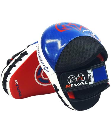 RIVAL Boxing RPM7 Fitness Plus Punch Mitts - Curved Striking Surface, Hook and Loop Wrist, Ergonomic Fit, and Padded Finger Protector Red/White/Blue