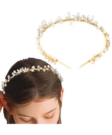 Flayem Wedding Rhinestone Headband Pearls Flower Headband Crystal Leaf Hairband Bridal Wedding Party Headpiece for Women and Girls(Gold)