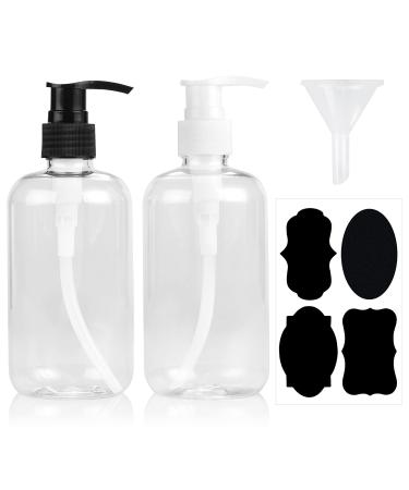 Nagma Lockable Pump Bottles Dispenser 8 oz, Pack of 2-Clear Plastic Liquid Pump Dispenser with Funnel and Labels, for Toiletries and Kitchen Use