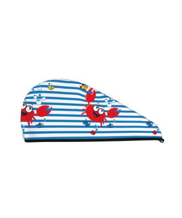 Hair Towel Wrap Hair Drying Towel with Button Towel Turban Head Towel to Dry Hair Quickly (Red Funny Crab On Blue Stripe)
