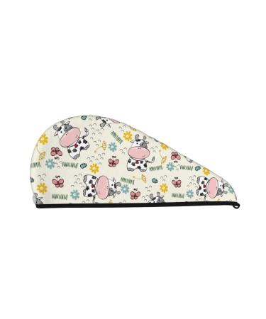 Cute Cow Print Woman's Coral Velvet Dry Hair Cap with Button Quick Dry Turban for Wet Hair Long Thick Hair Bath Shower Hair Cap Anti Frizz Hair Wrap Towel Strong Water Absorption
