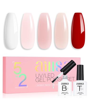AILLSA Nude Pink Gel Nail Polish Set Milky White Red Jelly Neutral Gel Polish with Base and Top Coat Long Lasting All Season Color Soak Off U V L ED Manicure Art Salon DIY at Home 7Pcs 8ML Red White